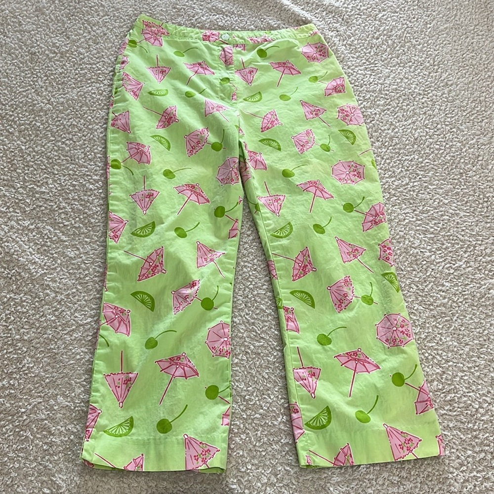 Lilly Pulitzer Vintage Lime Green and Pink Patterned Capri Pants Size 2 - Picture 2 of 4
